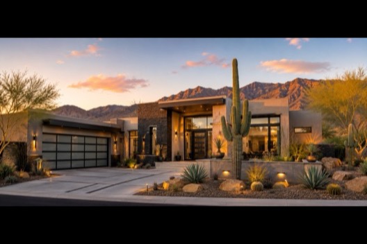 A desert-modern home at sunset with mountains behind it