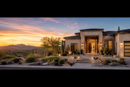 A low desert-modern house at golden hour