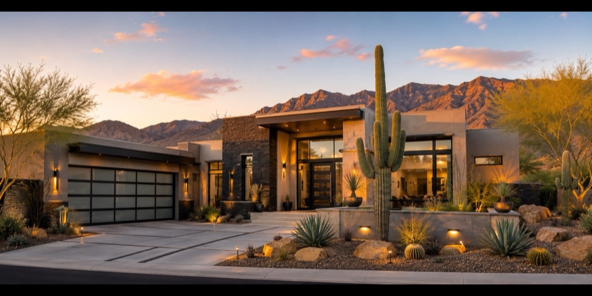 A contemporary Arizona home at sunset with the mountains behind it