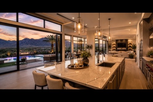 An Arizona kitchen opening onto the patio at sunset