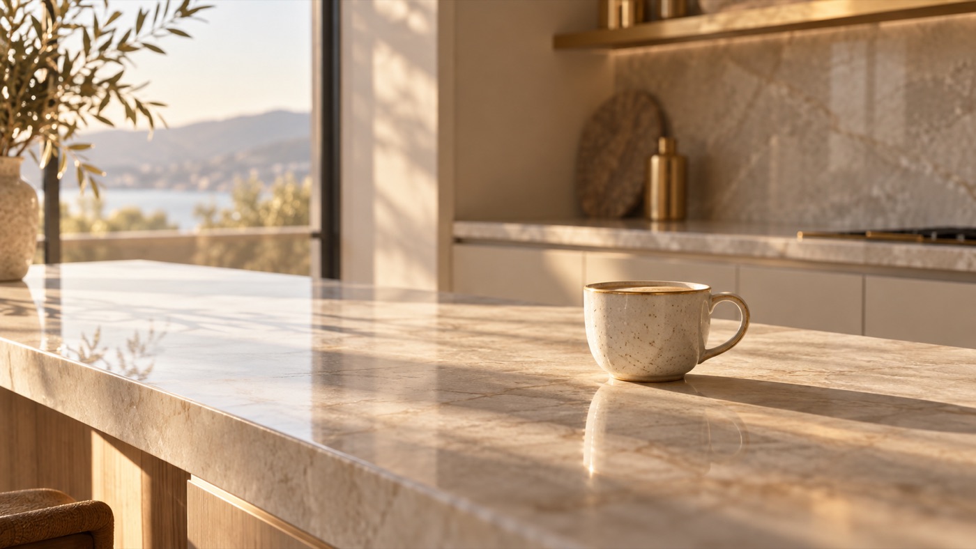 Morning light falling across an empty kitchen counter with a single cup and nothing else