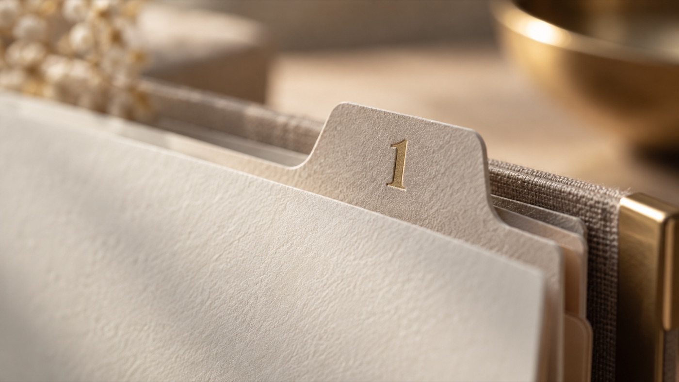 A single numbered tab on a document divider, photographed close with shallow focus