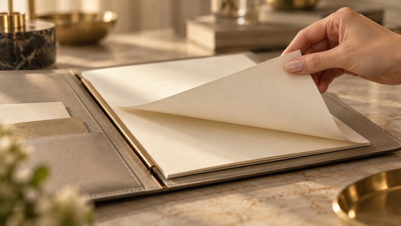 A hand turning a page in a document folder, cropped at the wrist