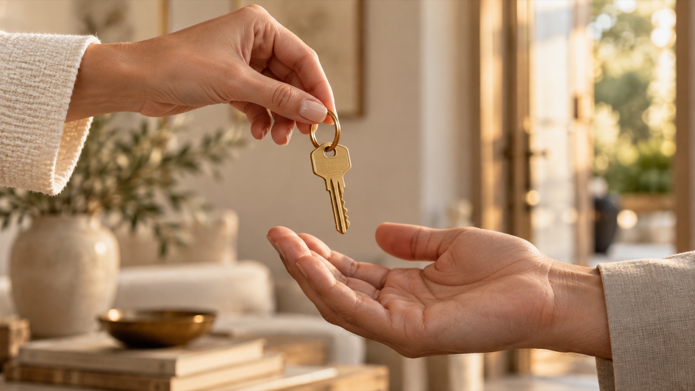 A key passing from one hand to another, both cropped at the wrist