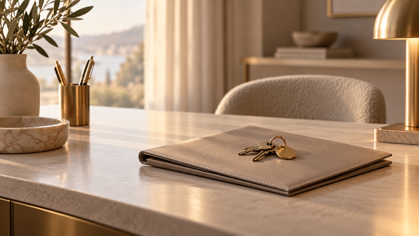 A clean uncluttered desk with a closed folder and a set of keys resting on top
